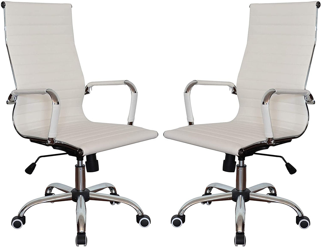 Executive High Back Ribbed Ergonomic Office Chair Vegan Leather White - Set of 2