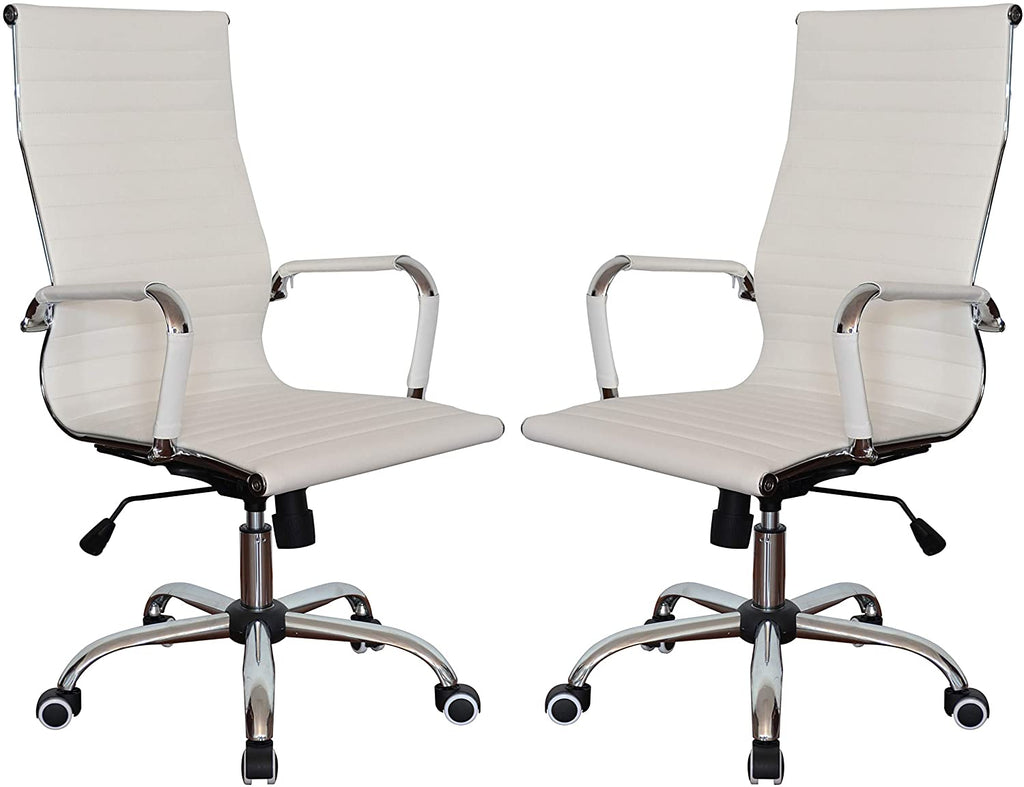 Executive High Back Ribbed Ergonomic Office Chair Vegan Leather White - Set of 2