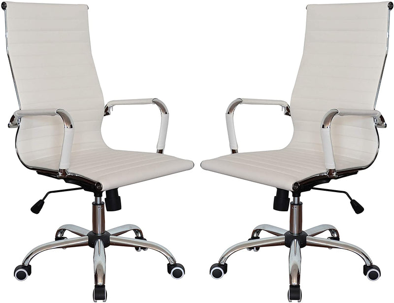Executive High Back Ribbed Ergonomic Office Chair Vegan Leather White - Set of 2