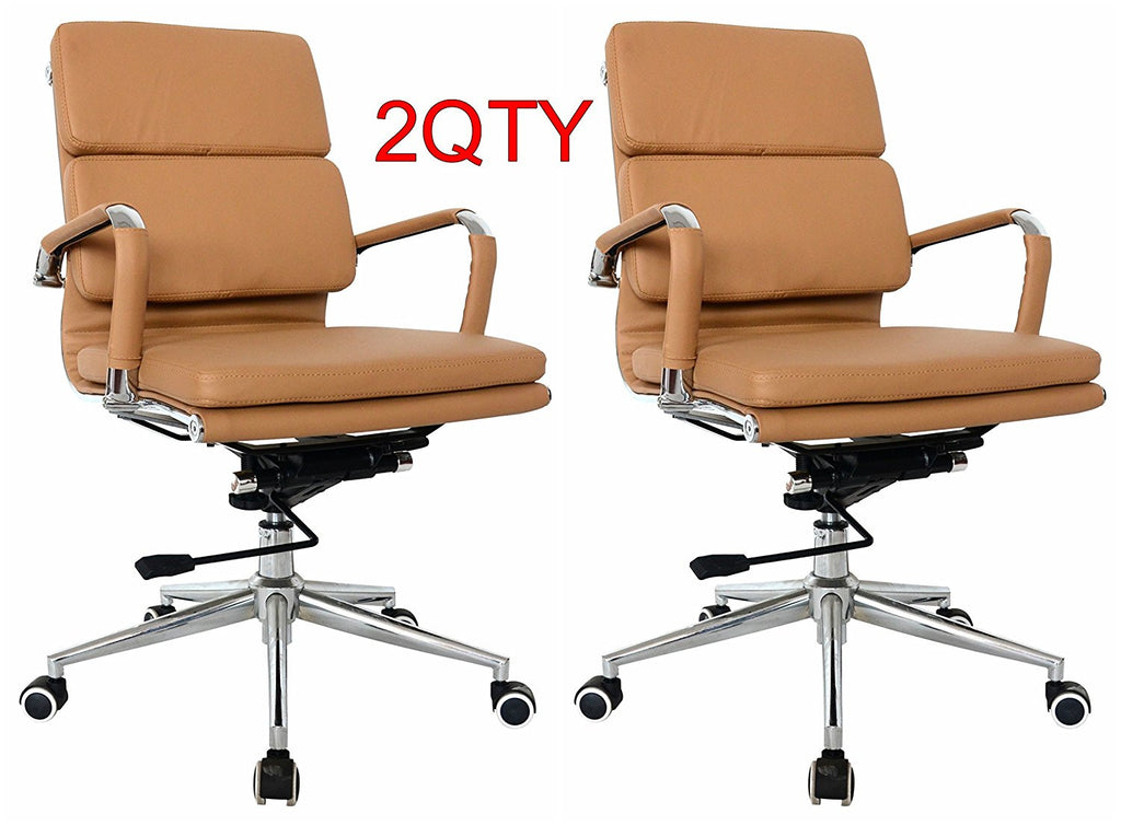 Padded high density office chair, medium back desk chair, computer office chair, swivel chair, leather camel brown tan chair