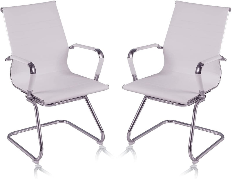 Modern Classic Ribbed White Visitors’ Office Chair in Vegan Leather - Set of 2