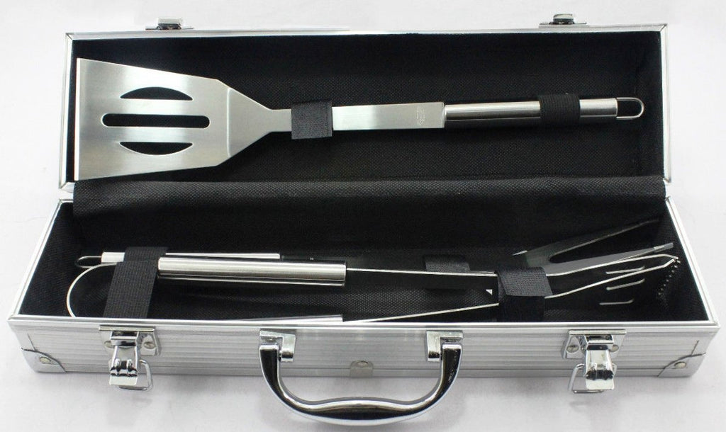3 Piece BBQ Set Stainless Steel Outdoor Grill Tools Set Aluminum Case - US Office Elements