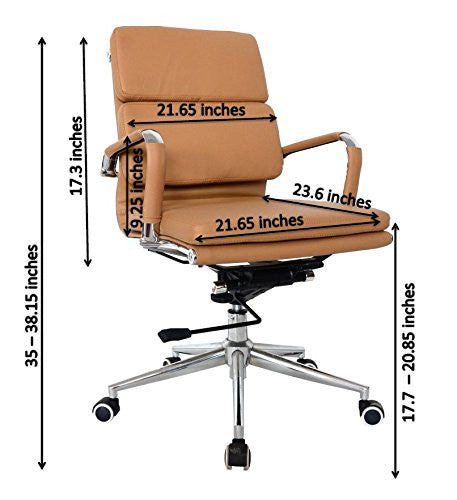 Padded high density office chair, medium back desk chair, computer office chair, swivel chair, leather camel brown tan chair