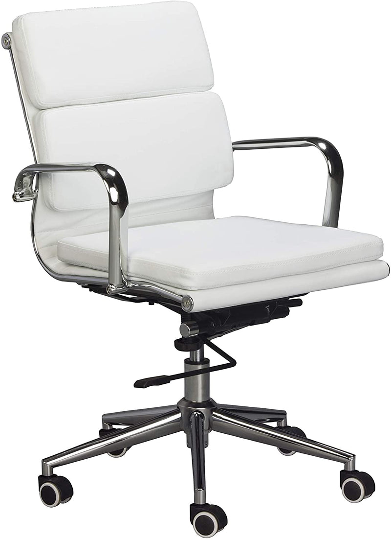 Padded high density office chair, medium back desk chair, computer office chair, swivel chair, leather white chair
