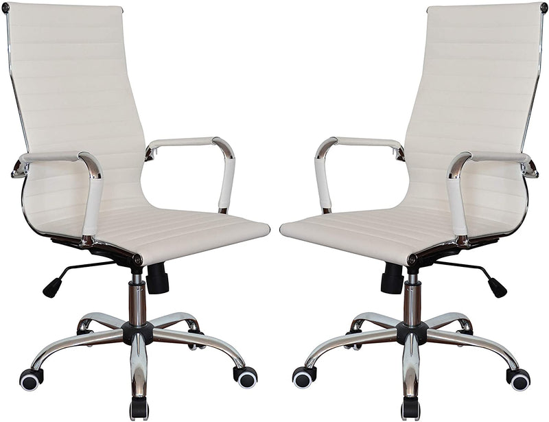Executive High Back Ribbed Ergonomic Office Chair Vegan Leather White - Set of 2