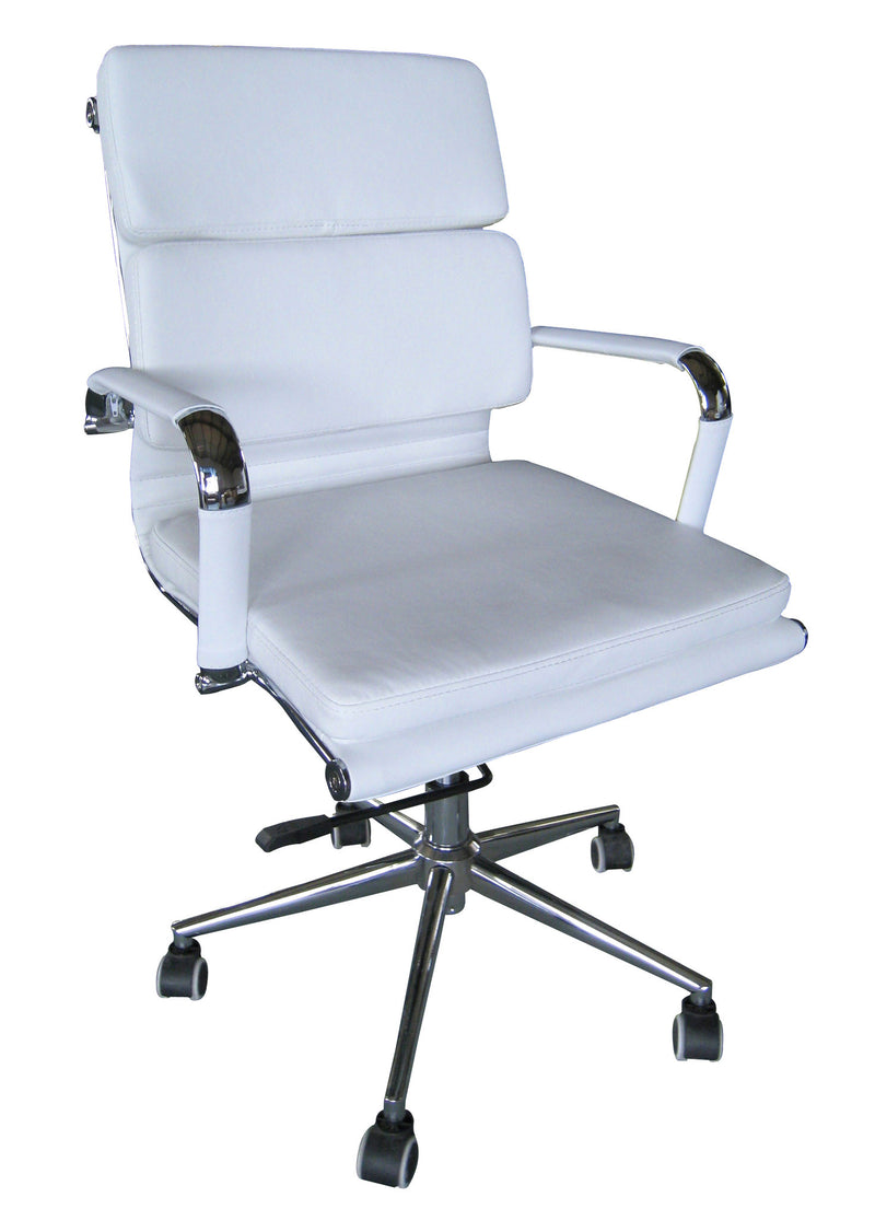 Padded high density office chair, medium back desk chair, computer office chair, swivel chair, leather white chair